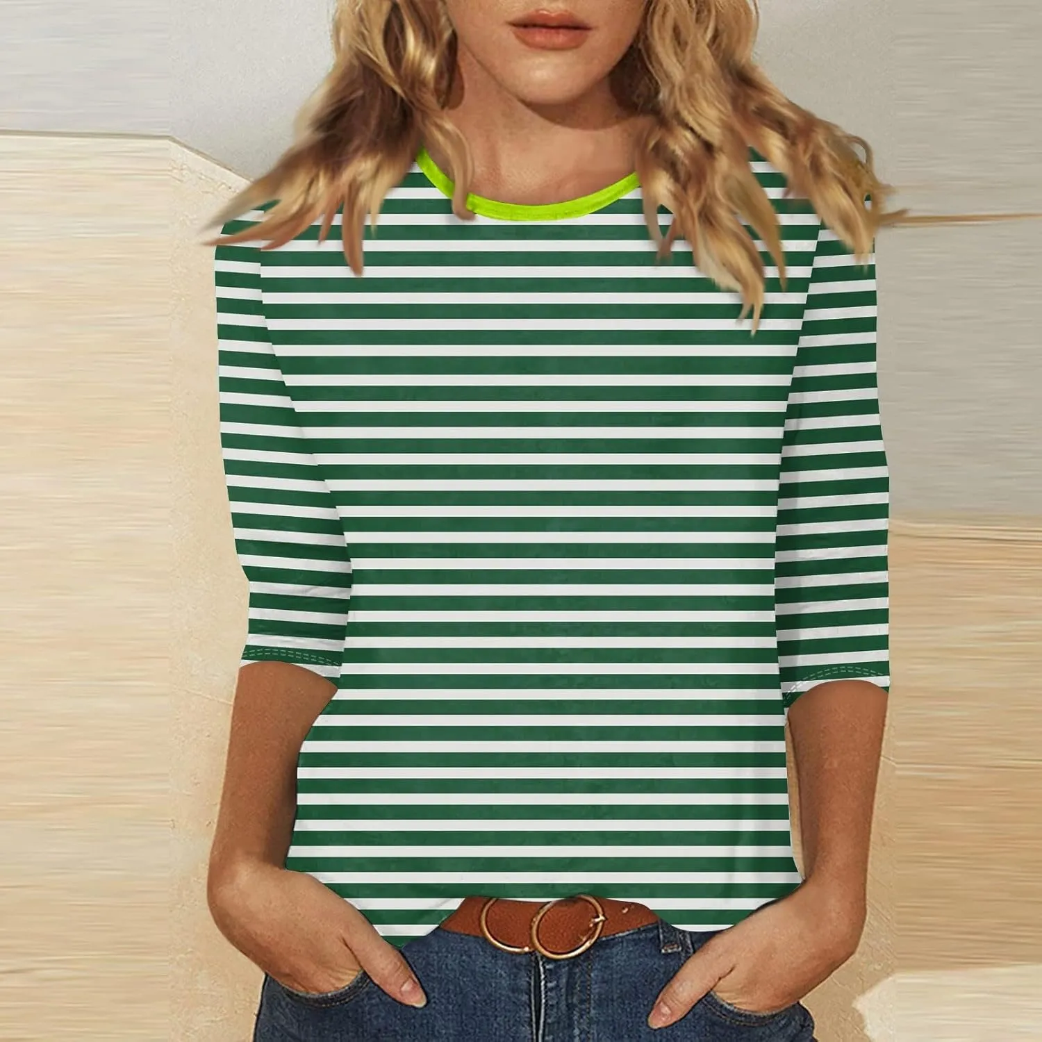 slqdgmryz 3/4 Length Sleeve Womens Tops Summer Three Quarter Striped Shirts Dressy Casual Printed Tunic Tops Women Blouses