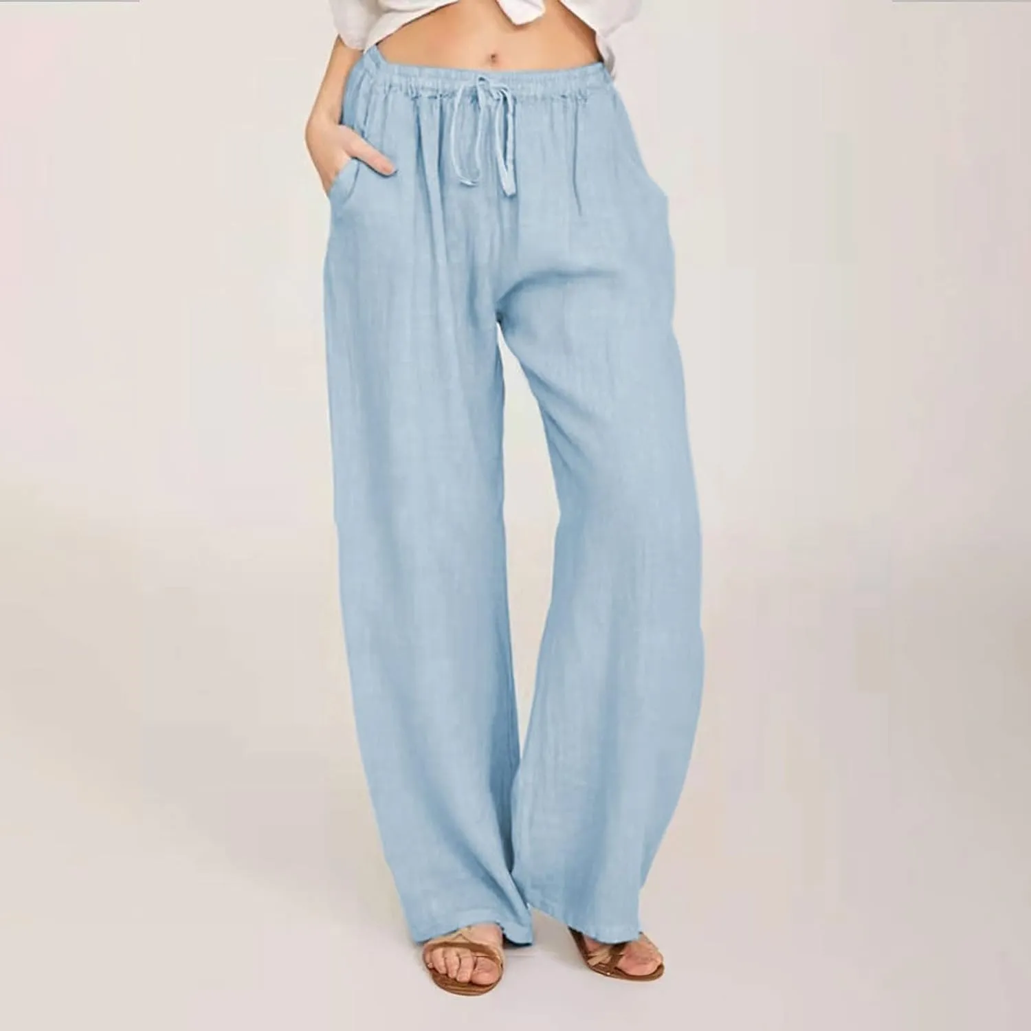 SMIDOW Summer Pants for Women 2023 Cotton Linen Elastic Waist Drawstring Wide Leg Ankle Length Lounge Pant with Pockets
