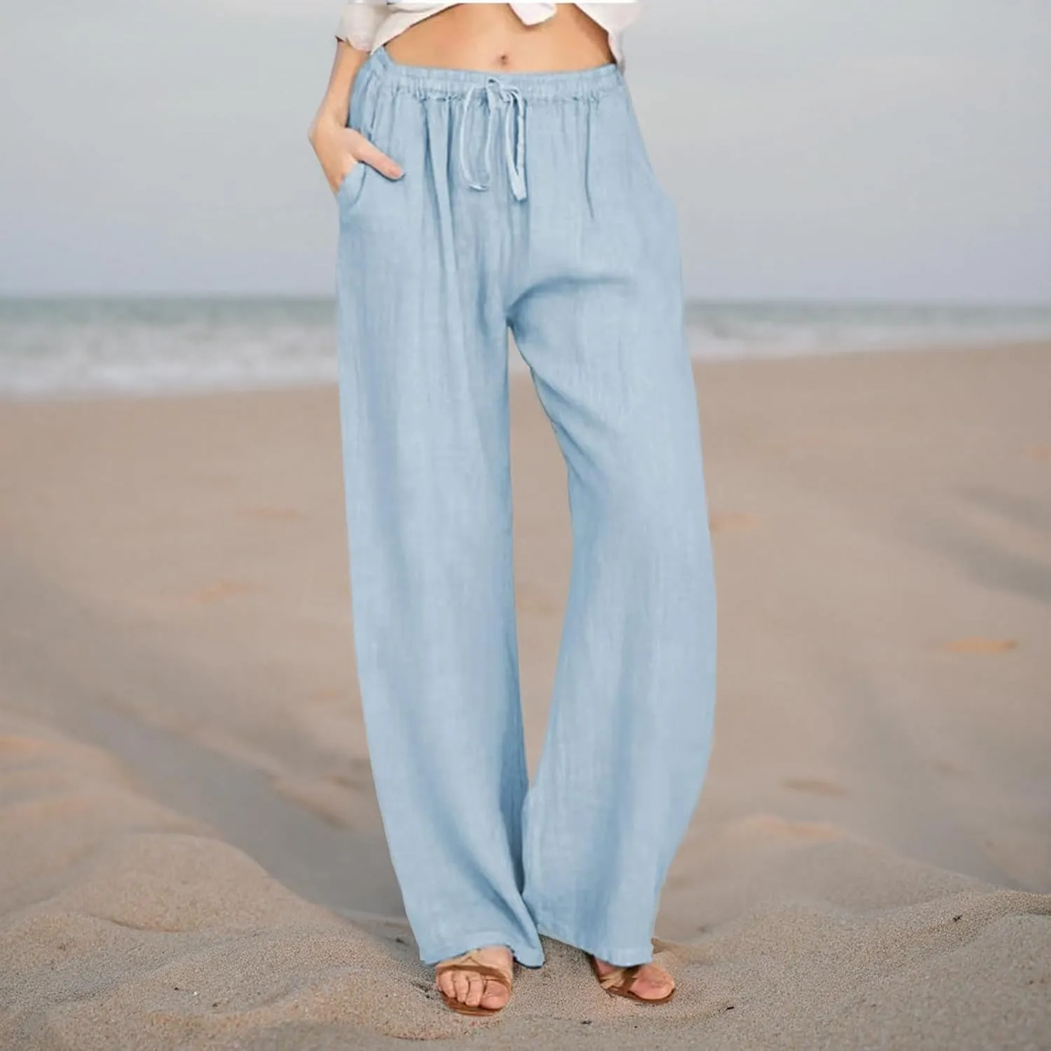 SMIDOW Summer Pants for Women 2023 Cotton Linen Elastic Waist Drawstring Wide Leg Ankle Length Lounge Pant with Pockets