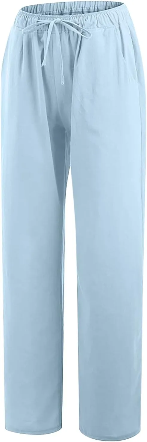 SMIDOW Summer Pants for Women 2023 Cotton Linen Elastic Waist Drawstring Wide Leg Ankle Length Lounge Pant with Pockets