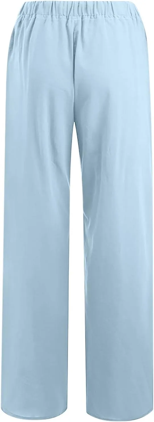 SMIDOW Summer Pants for Women 2023 Cotton Linen Elastic Waist Drawstring Wide Leg Ankle Length Lounge Pant with Pockets