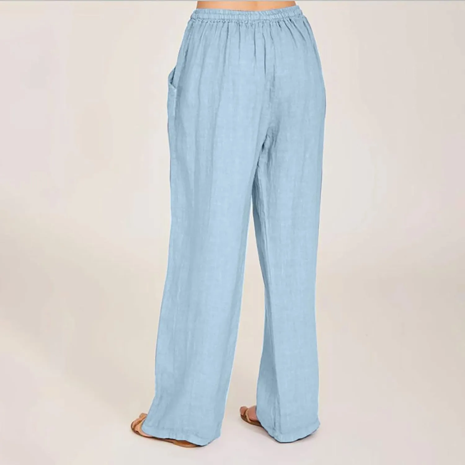 SMIDOW Summer Pants for Women 2023 Cotton Linen Elastic Waist Drawstring Wide Leg Ankle Length Lounge Pant with Pockets