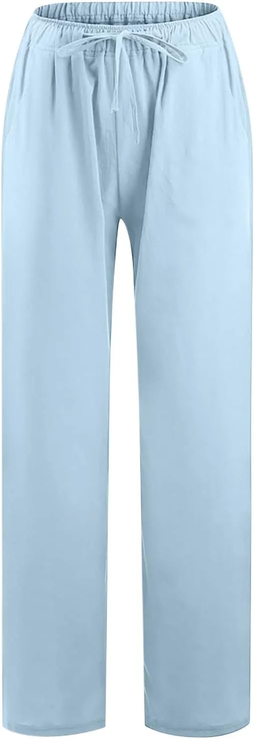 SMIDOW Summer Pants for Women 2023 Cotton Linen Elastic Waist Drawstring Wide Leg Ankle Length Lounge Pant with Pockets