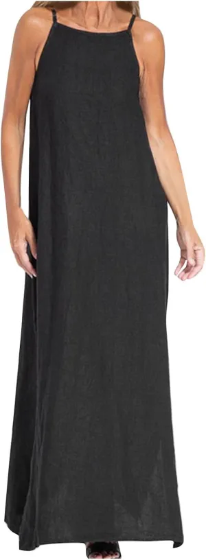 Spaghetti Strap Maxi Dresses for Women Solid Cotton Linen Elegant Slim Sundress Office Work Comfy Basic Long Dress