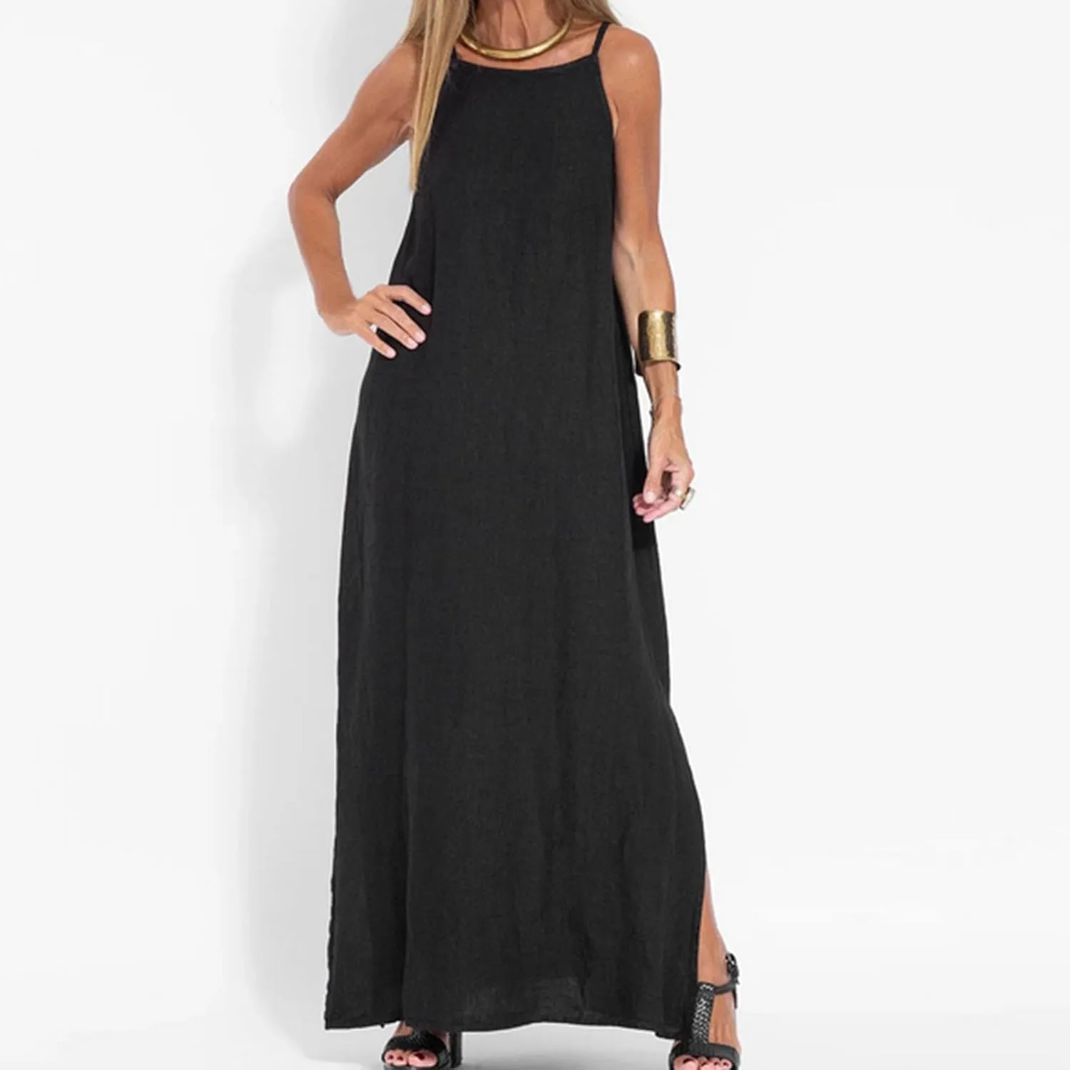 Spaghetti Strap Maxi Dresses for Women Solid Cotton Linen Elegant Slim Sundress Office Work Comfy Basic Long Dress