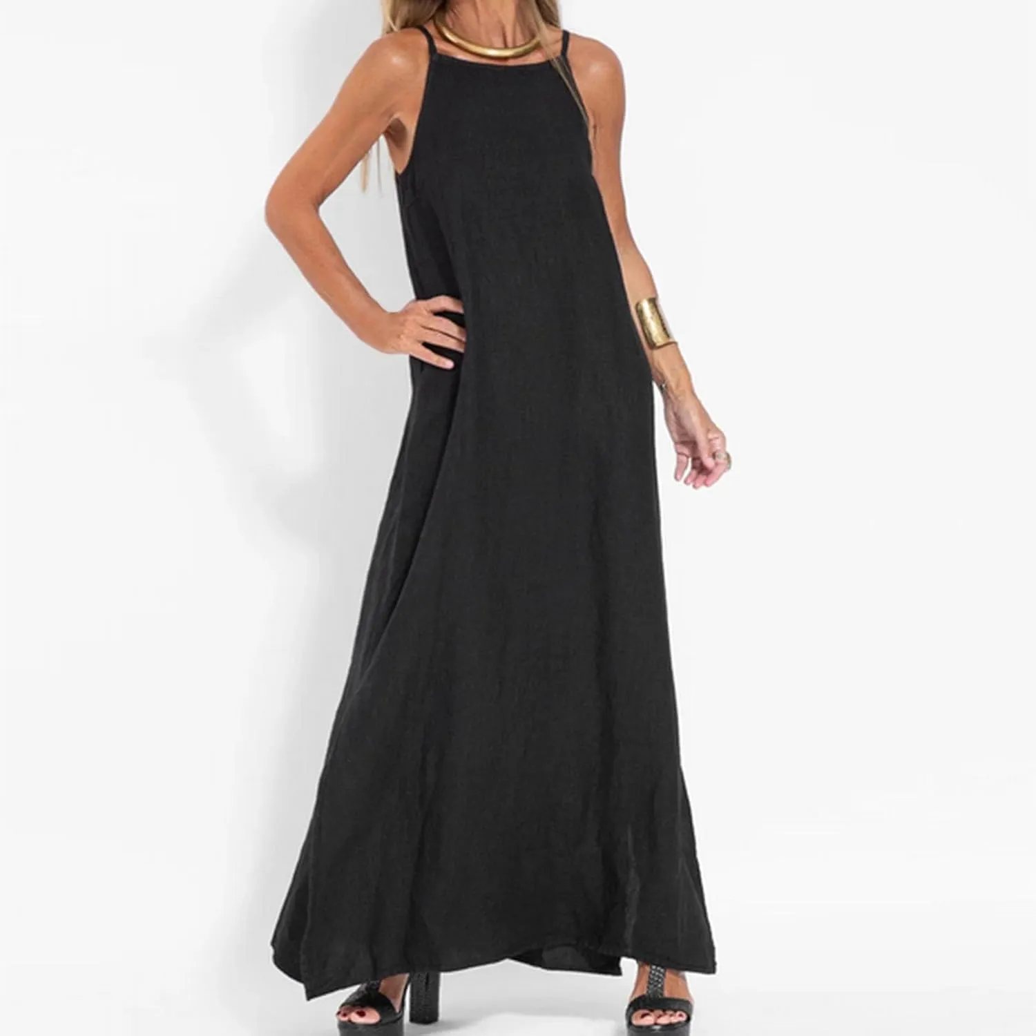 Spaghetti Strap Maxi Dresses for Women Solid Cotton Linen Elegant Slim Sundress Office Work Comfy Basic Long Dress