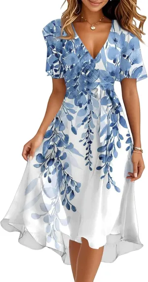Spring Summer Chiffon Midi Dresses for Women 2025 Elegant Classy Wedding Guest Floral Formal Cocktail Prom Dress
