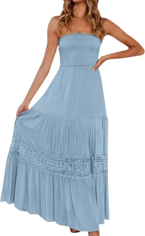 Strapless Dress for Women Summer Tube Corset High Waist Sheath Smocked Tiered Bohemian Long Beach Dresses, S-2Xl