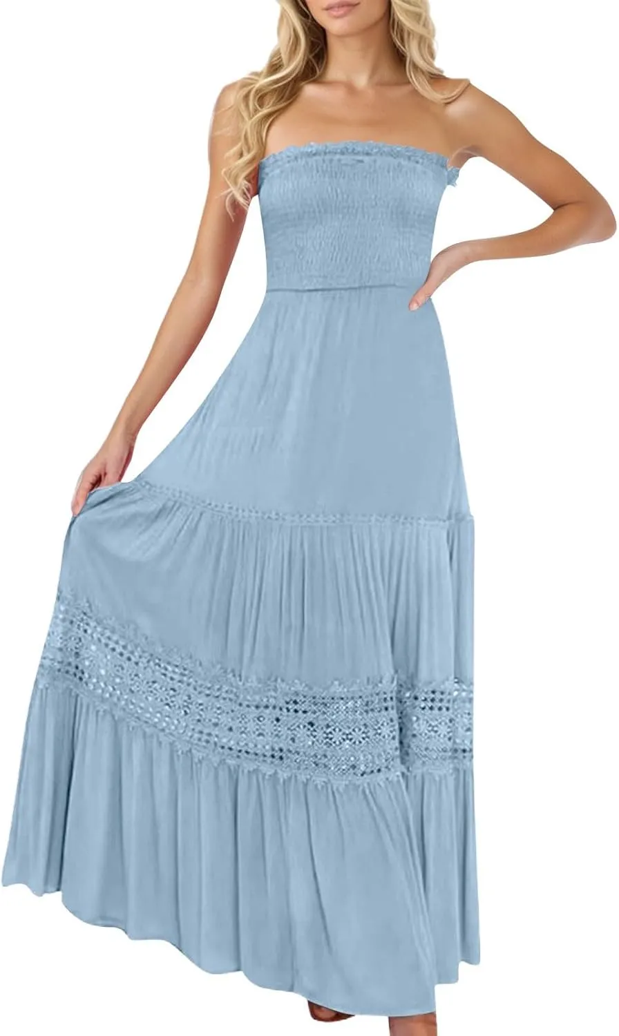 Strapless Dress for Women Summer Tube Corset High Waist Sheath Smocked Tiered Bohemian Long Beach Dresses, S-2Xl