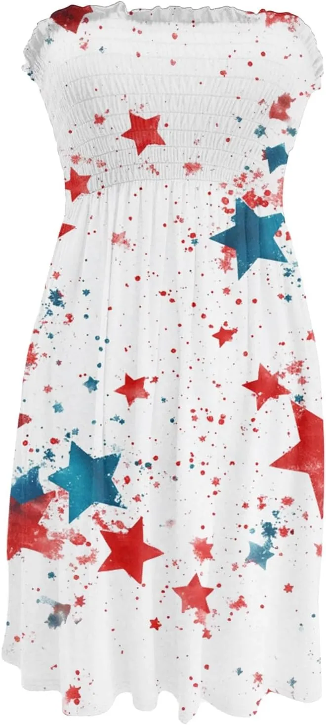 Summer Dresses for Women 2025 4th of July Shirred Tube Mini Dress Sexy Patriotic Empire Waist Sleeveless Ruffle Sundresses
