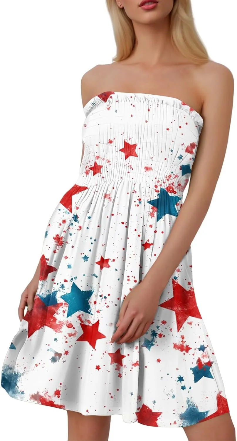 Summer Dresses for Women 2025 4th of July Shirred Tube Mini Dress Sexy Patriotic Empire Waist Sleeveless Ruffle Sundresses