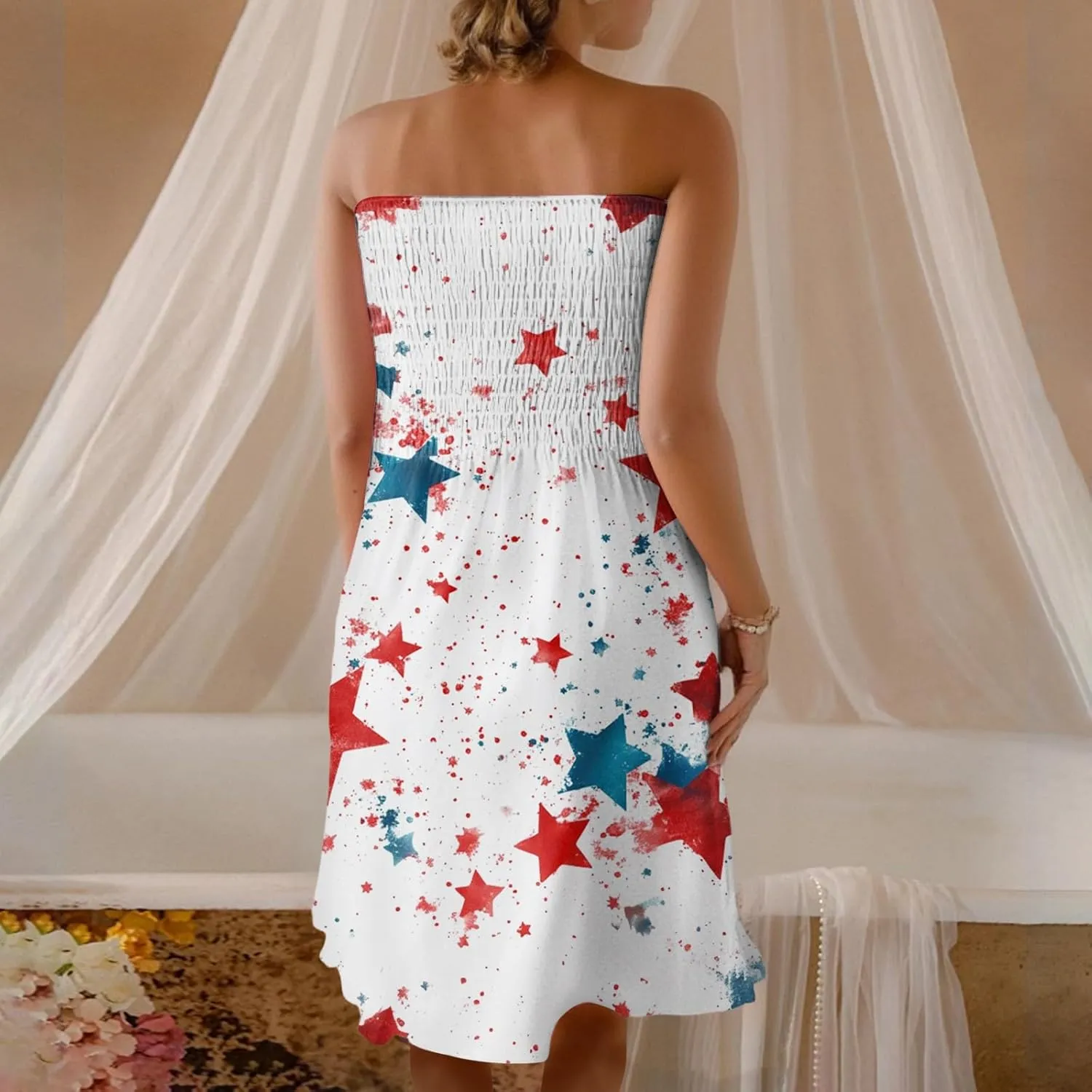 Summer Dresses for Women 2025 4th of July Shirred Tube Mini Dress Sexy Patriotic Empire Waist Sleeveless Ruffle Sundresses