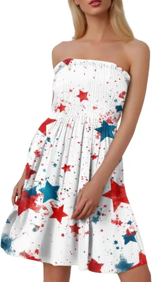 Summer Dresses for Women 2025 4th of July Shirred Tube Mini Dress Sexy Patriotic Empire Waist Sleeveless Ruffle Sundresses