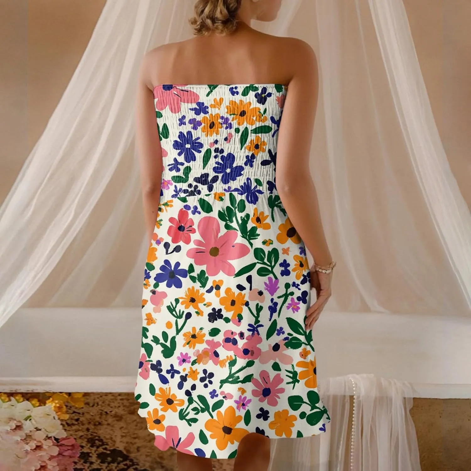 Summer Dresses for Women 2025 Classy Floral Smocked Tube Top Mini Dress Elegant Empire Waist Sleeveless Ruffle Sundress