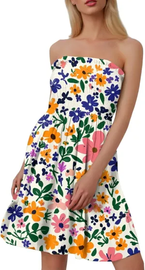 Summer Dresses for Women 2025 Classy Floral Smocked Tube Top Mini Dress Elegant Empire Waist Sleeveless Ruffle Sundress