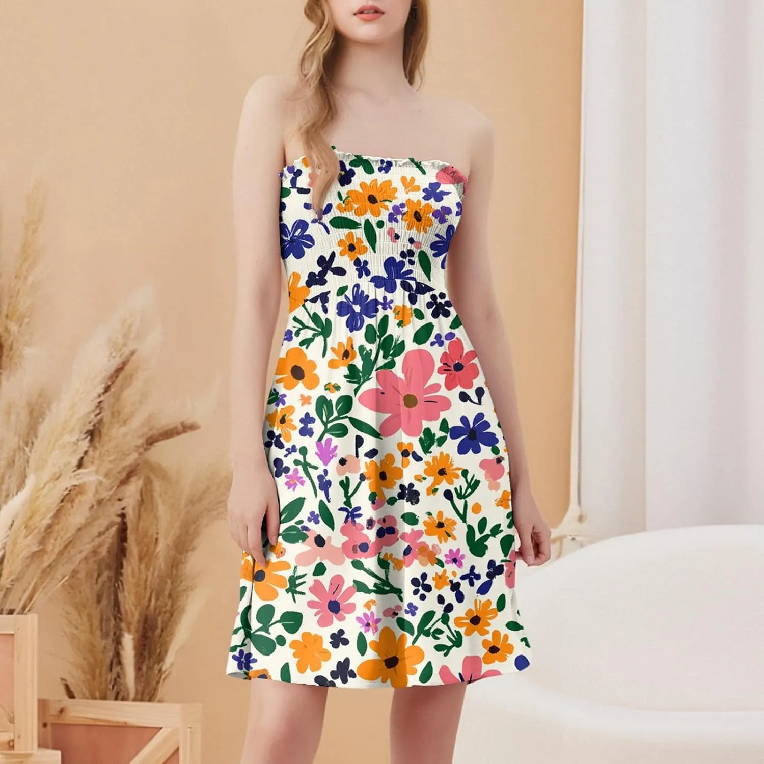 Summer Dresses for Women 2025 Classy Floral Smocked Tube Top Mini Dress Elegant Empire Waist Sleeveless Ruffle Sundress
