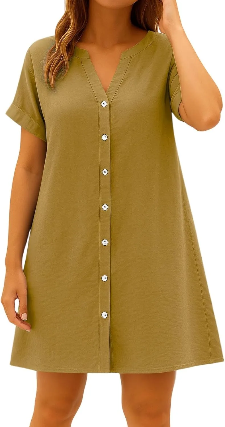 Summer Dresses for Women 2025 Cotton Linen Dressy Casual Mini Dress Short Sleeve Plus Size Bohemian Sundress
