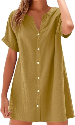 Summer Dresses for Women 2025 Cotton Linen Dressy Casual Mini Dress Short Sleeve Plus Size Bohemian Sundress