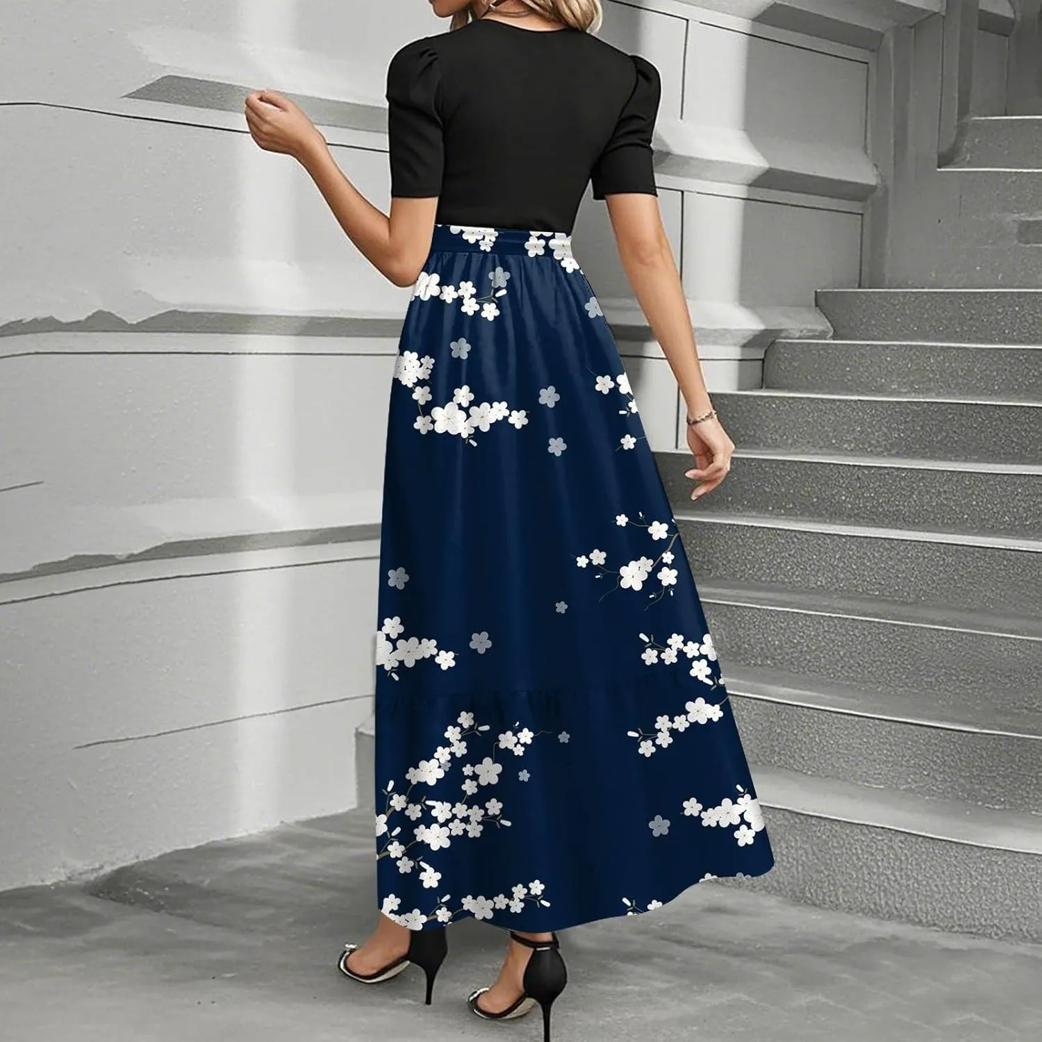 Summer Dresses for Women 2025 Elegant Floral Patchwork Maxi Dress Trendy Tie Waist Bow Paisley Empire Waist Beach Sundresses