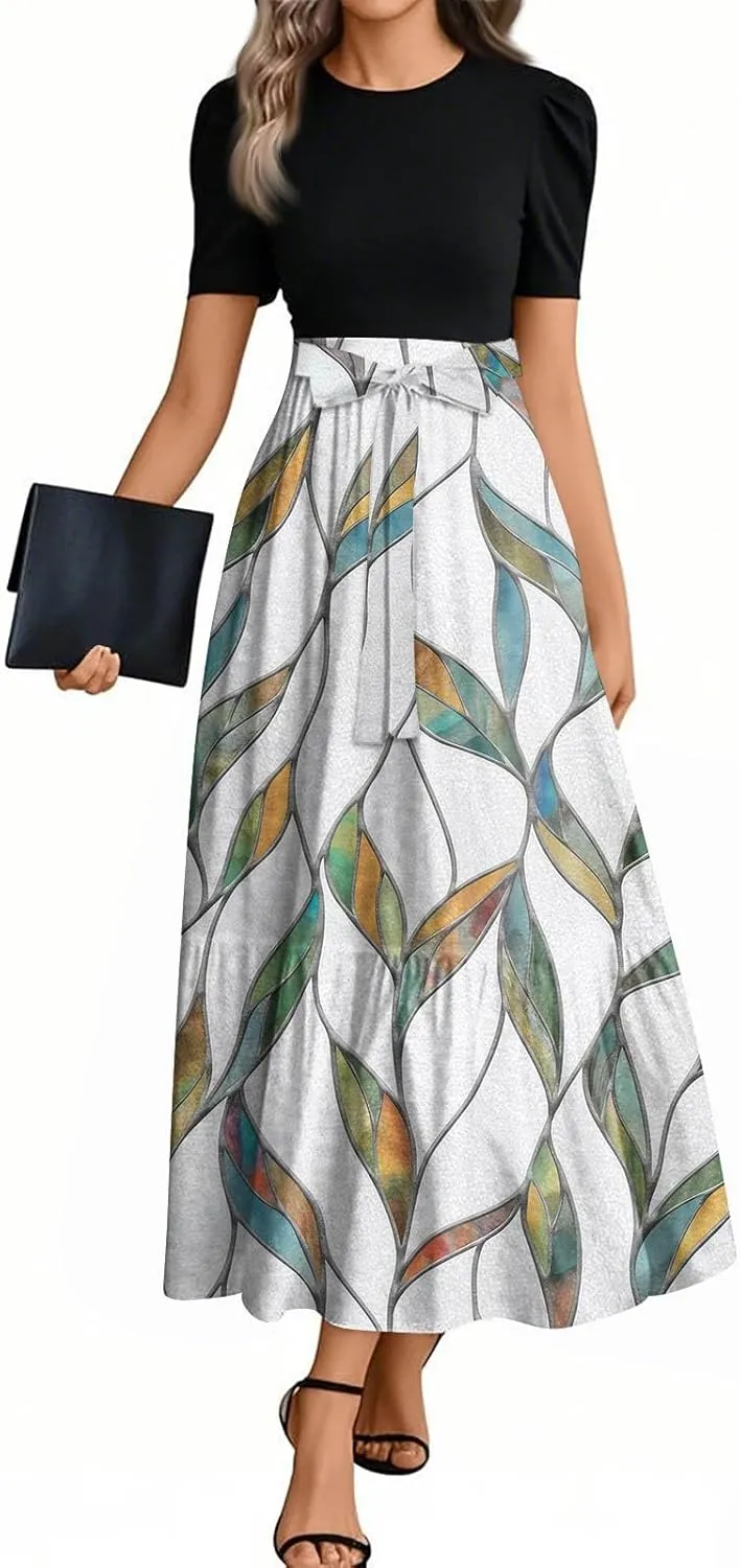 Summer Dresses for Women 2025 Elegant Floral Patchwork Maxi Dress Trendy Tie Waist Bow Paisley Empire Waist Beach Sundresses