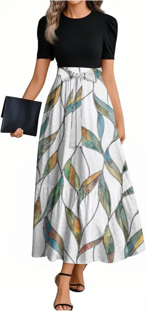 Summer Dresses for Women 2025 Elegant Floral Patchwork Maxi Dress Trendy Tie Waist Bow Paisley Empire Waist Beach Sundresses
