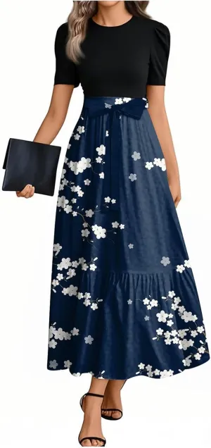 Summer Dresses for Women 2025 Elegant Floral Patchwork Maxi Dress Trendy Tie Waist Bow Paisley Empire Waist Beach Sundresses