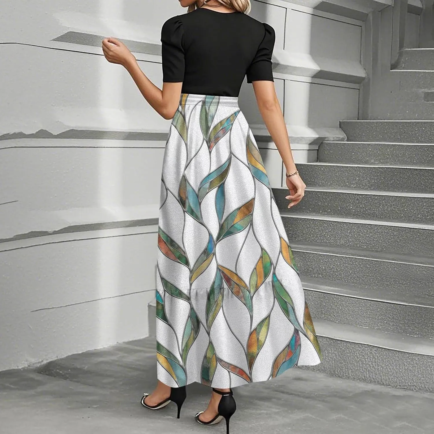 Summer Dresses for Women 2025 Elegant Floral Patchwork Maxi Dress Trendy Tie Waist Bow Paisley Empire Waist Beach Sundresses