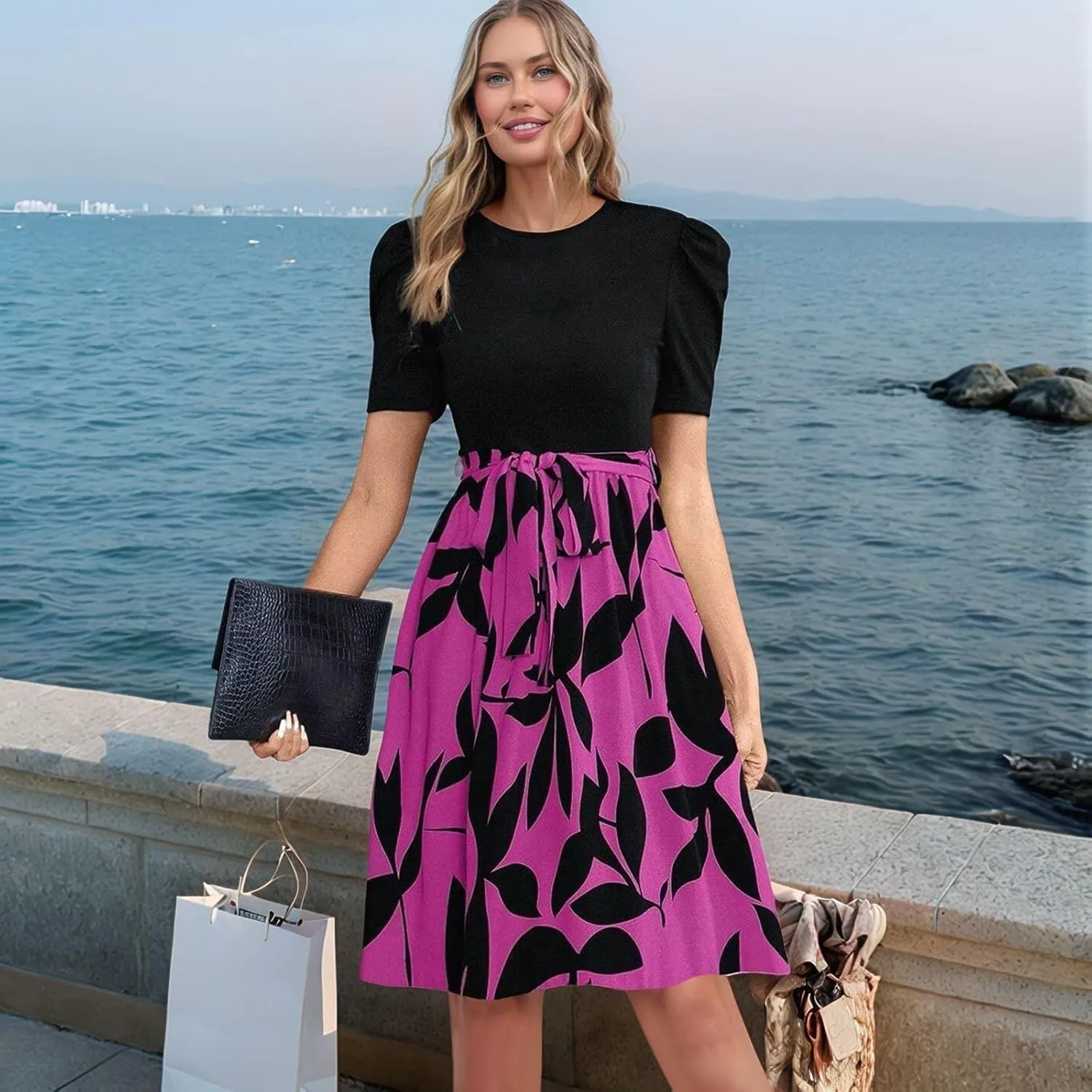 Summer Dresses for Women 2025 Puff Short Sleeve Empire Waist Belted Knee Length Floral Dress A Line Flowy Tea Dresses