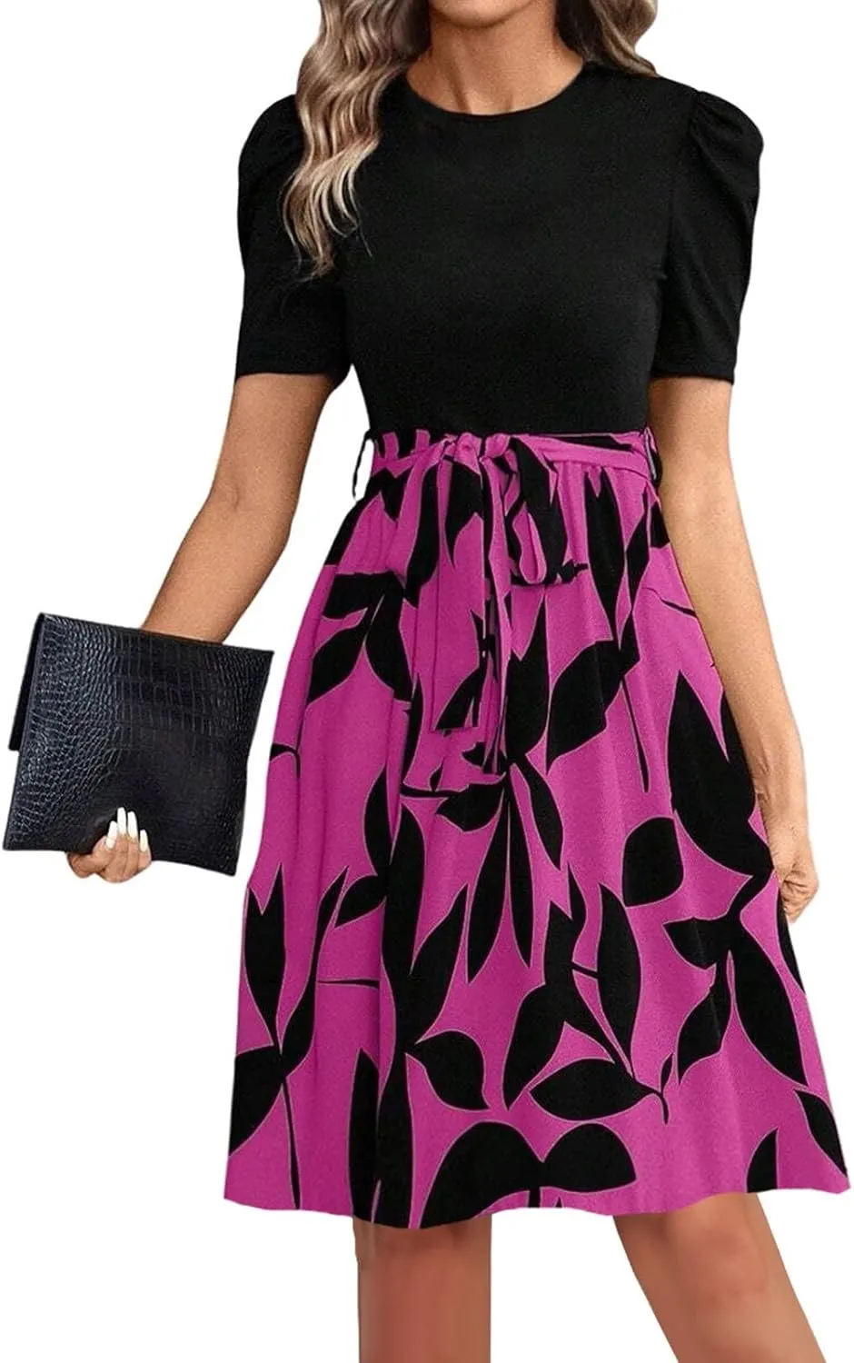 Summer Dresses for Women 2025 Puff Short Sleeve Empire Waist Belted Knee Length Floral Dress A Line Flowy Tea Dresses