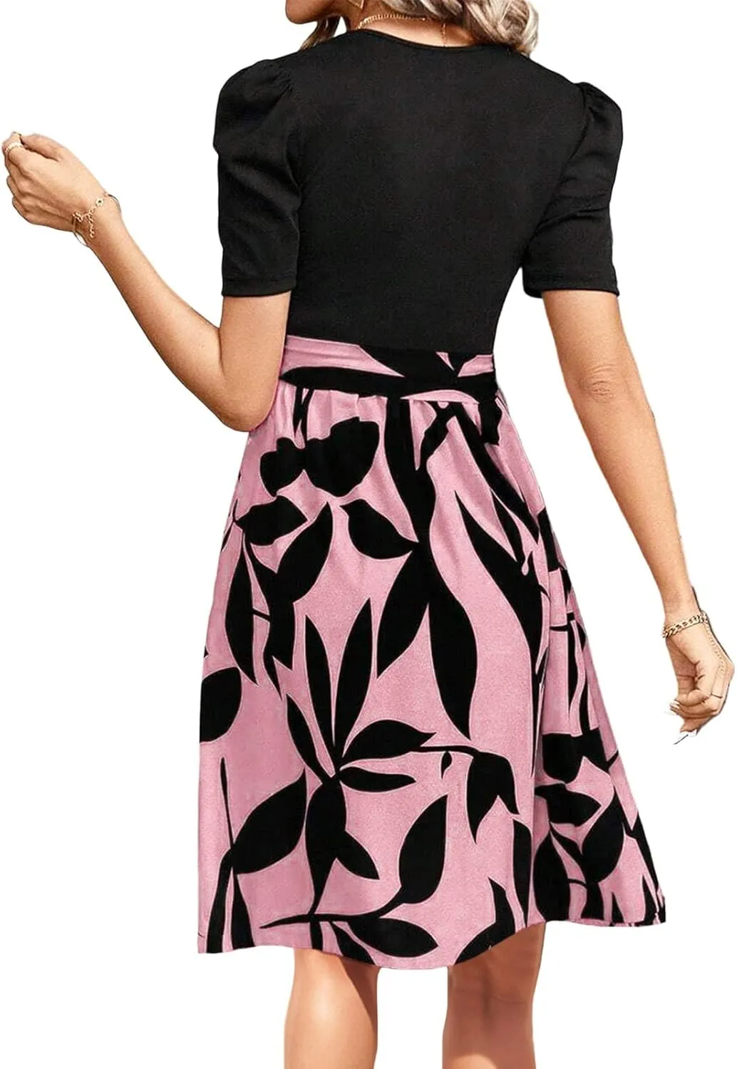 Summer Dresses for Women 2025 Puff Short Sleeve Empire Waist Belted Knee Length Floral Dress A Line Flowy Tea Dresses