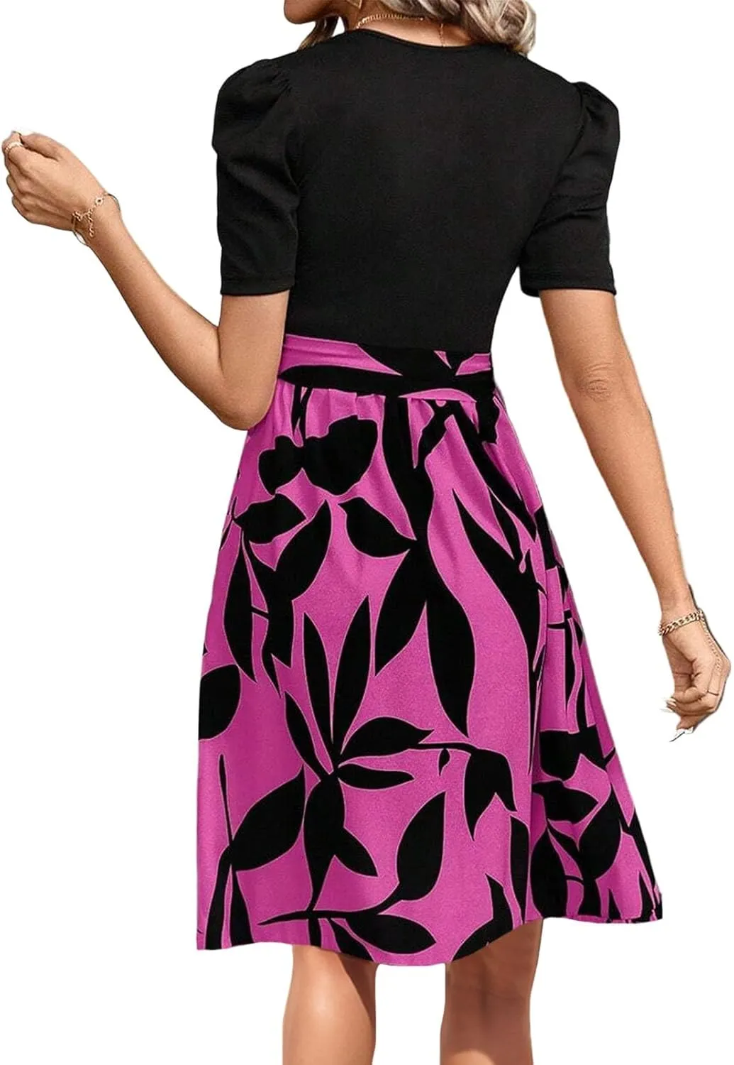 Summer Dresses for Women 2025 Puff Short Sleeve Empire Waist Belted Knee Length Floral Dress A Line Flowy Tea Dresses