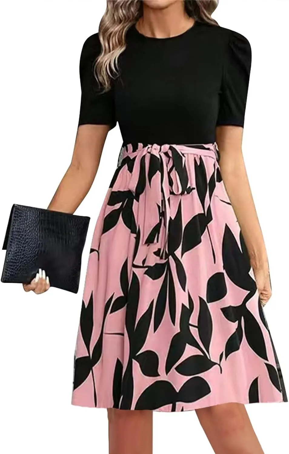 Summer Dresses for Women 2025 Puff Short Sleeve Empire Waist Belted Knee Length Floral Dress A Line Flowy Tea Dresses