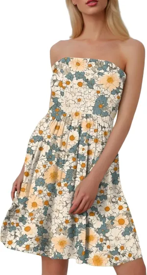 Summer Dresses for Women 2025 Sexy Floral Smocked Tube Top Mini Dress Classy Empire Waist Sleeveless Ruffle Sundress