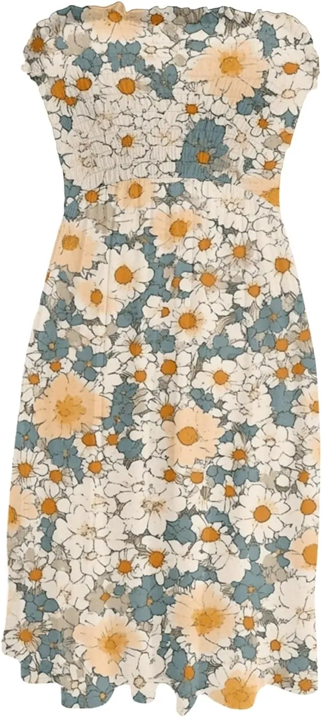 Summer Dresses for Women 2025 Sexy Floral Smocked Tube Top Mini Dress Classy Empire Waist Sleeveless Ruffle Sundress