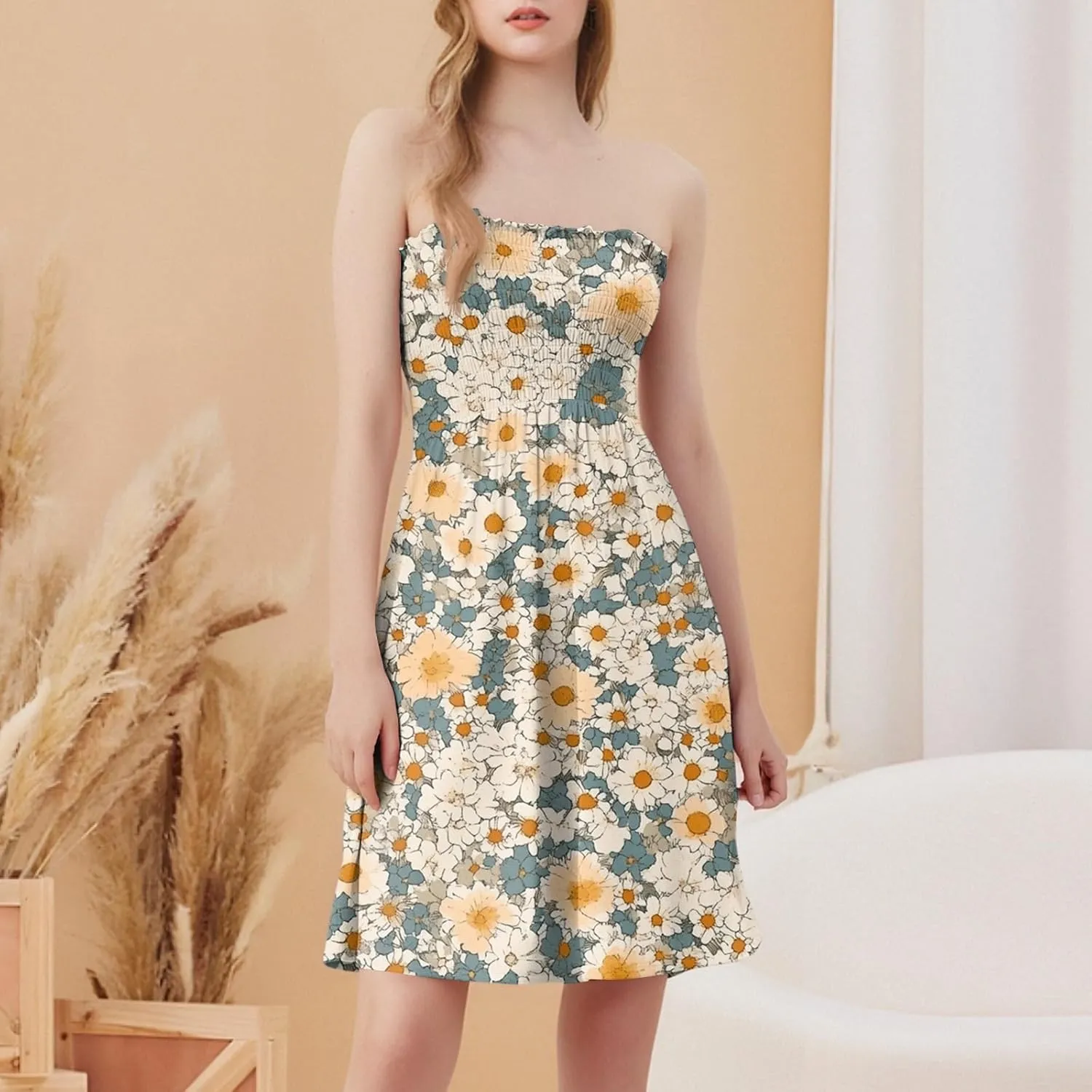 Summer Dresses for Women 2025 Sexy Floral Smocked Tube Top Mini Dress Classy Empire Waist Sleeveless Ruffle Sundress