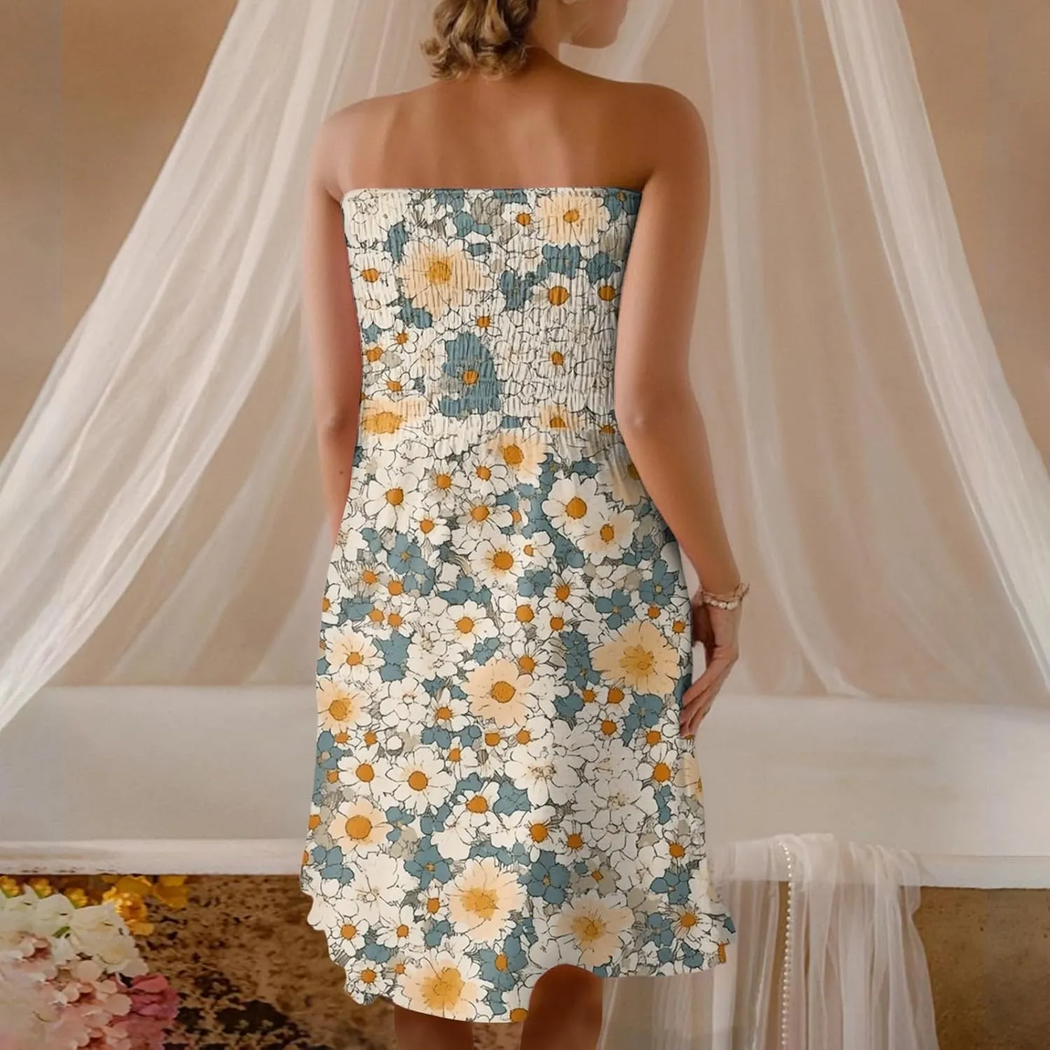 Summer Dresses for Women 2025 Sexy Floral Smocked Tube Top Mini Dress Classy Empire Waist Sleeveless Ruffle Sundress