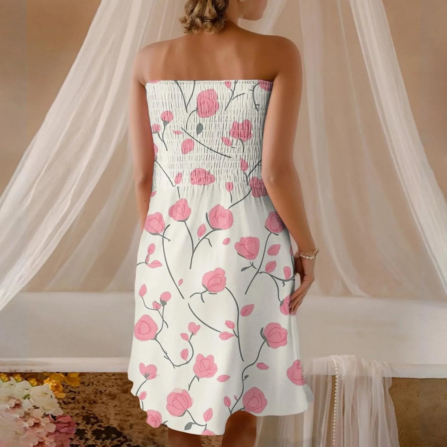 Summer Dresses for Women 2025 Sexy Flower Smocked Tube Top Mini Dress Classy Empire Waist Sleeveless Ruffle Sundress