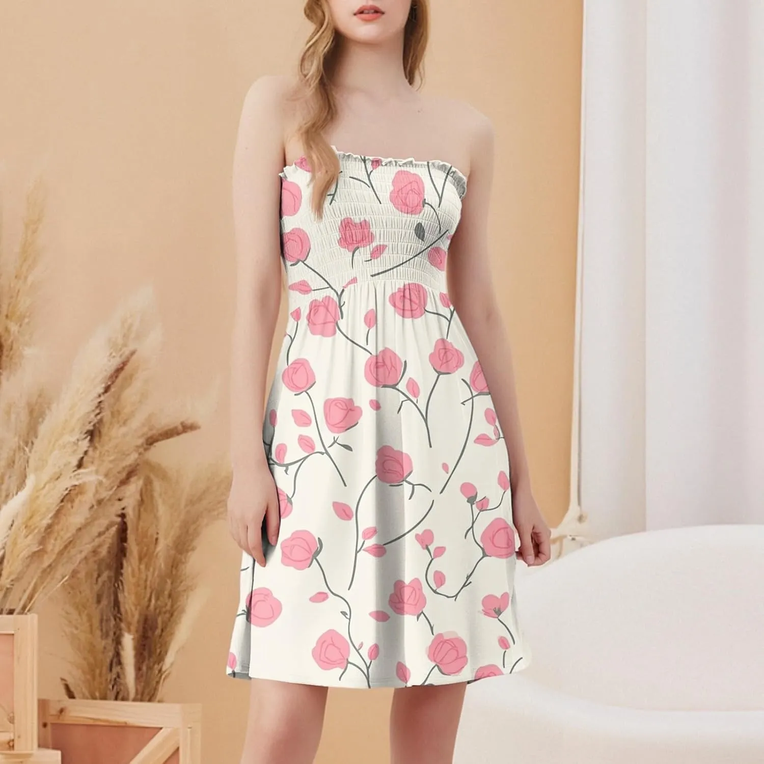 Summer Dresses for Women 2025 Sexy Flower Smocked Tube Top Mini Dress Classy Empire Waist Sleeveless Ruffle Sundress