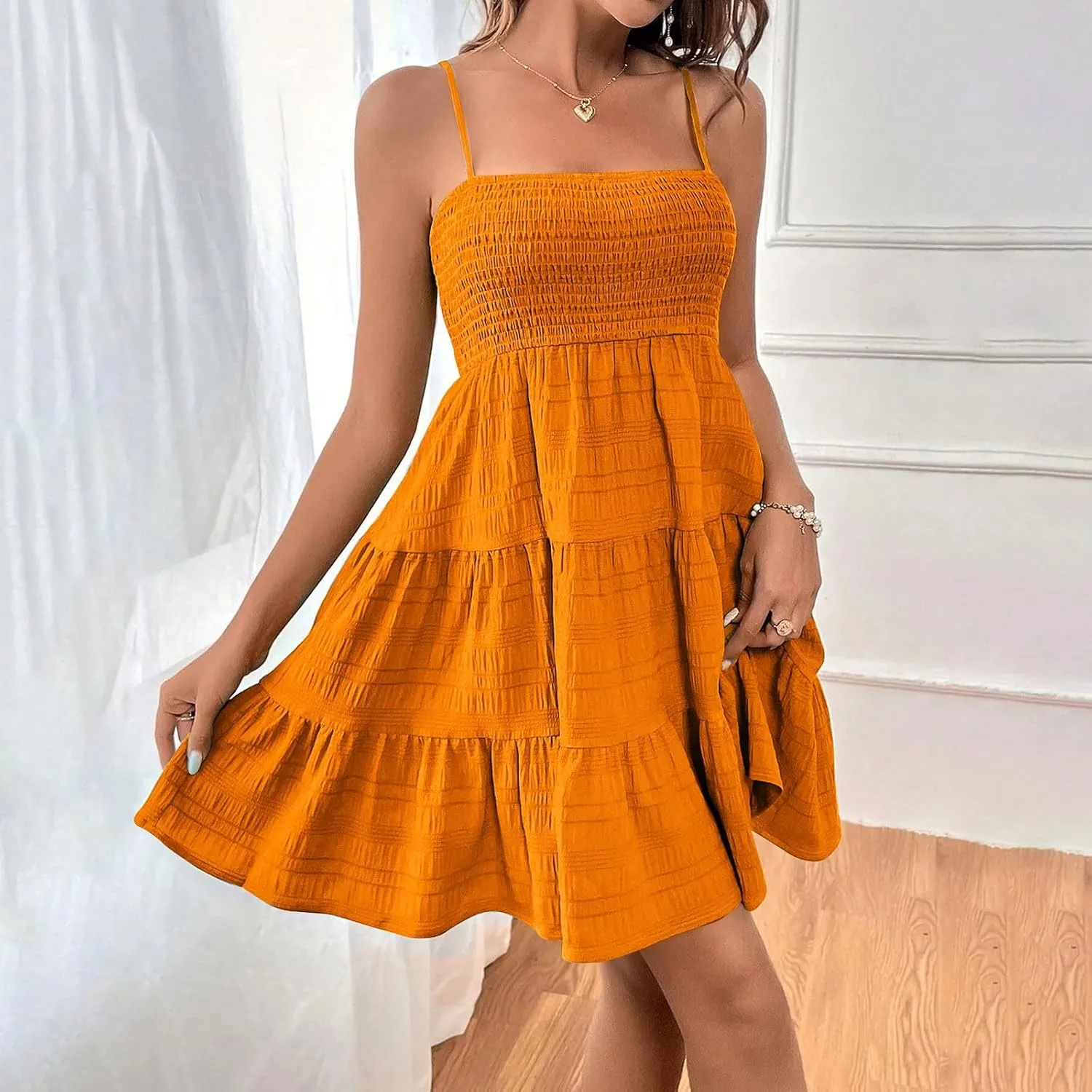 Summer Dresses for Women 2025 Trendy Plain Smocked Midi Sundresses Classy Spaghetti Strap Sleeveless Empire Waist Dress