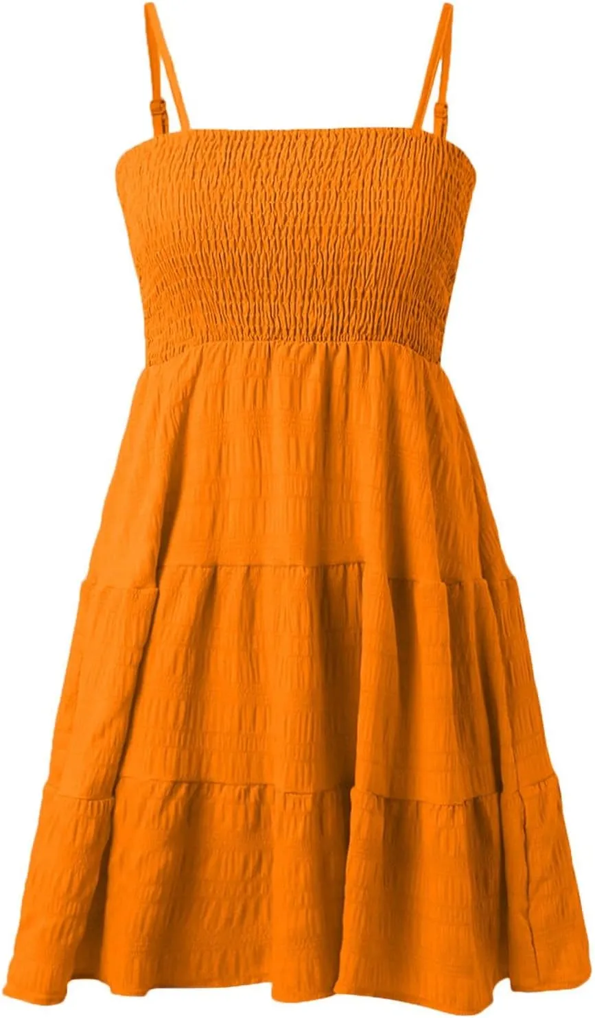 Summer Dresses for Women 2025 Trendy Plain Smocked Midi Sundresses Classy Spaghetti Strap Sleeveless Empire Waist Dress