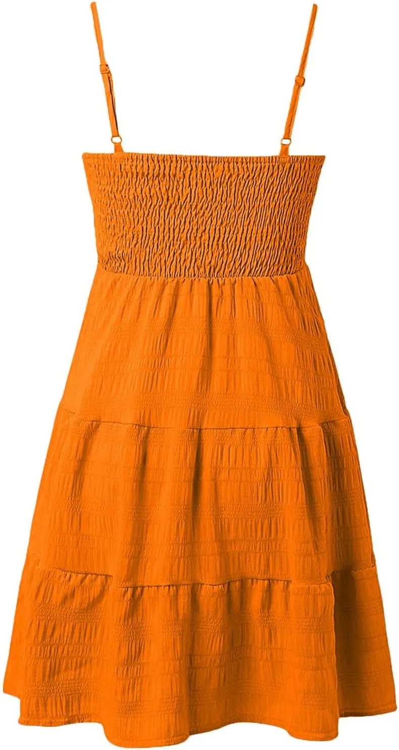 Summer Dresses for Women 2025 Trendy Plain Smocked Midi Sundresses Classy Spaghetti Strap Sleeveless Empire Waist Dress