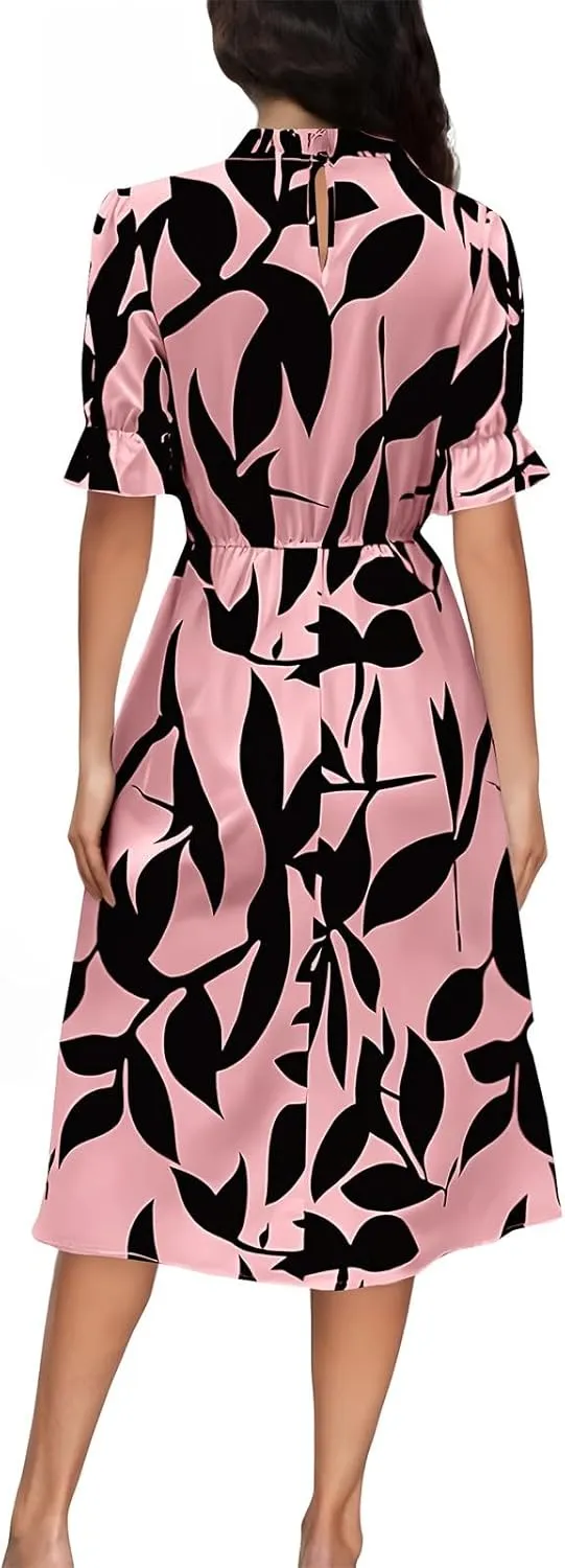 Summer Dresses for Women 2025 Vacation Crewneck Short Sleeve Floral Midi Dress Casual Flowy Summer Beach Dress