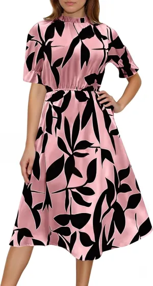 Summer Dresses for Women 2025 Vacation Crewneck Short Sleeve Floral Midi Dress Casual Flowy Summer Beach Dress