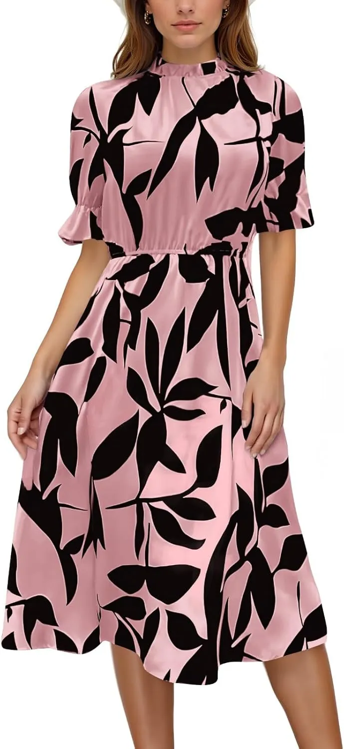 Summer Dresses for Women 2025 Vacation Crewneck Short Sleeve Floral Midi Dress Casual Flowy Summer Beach Dress