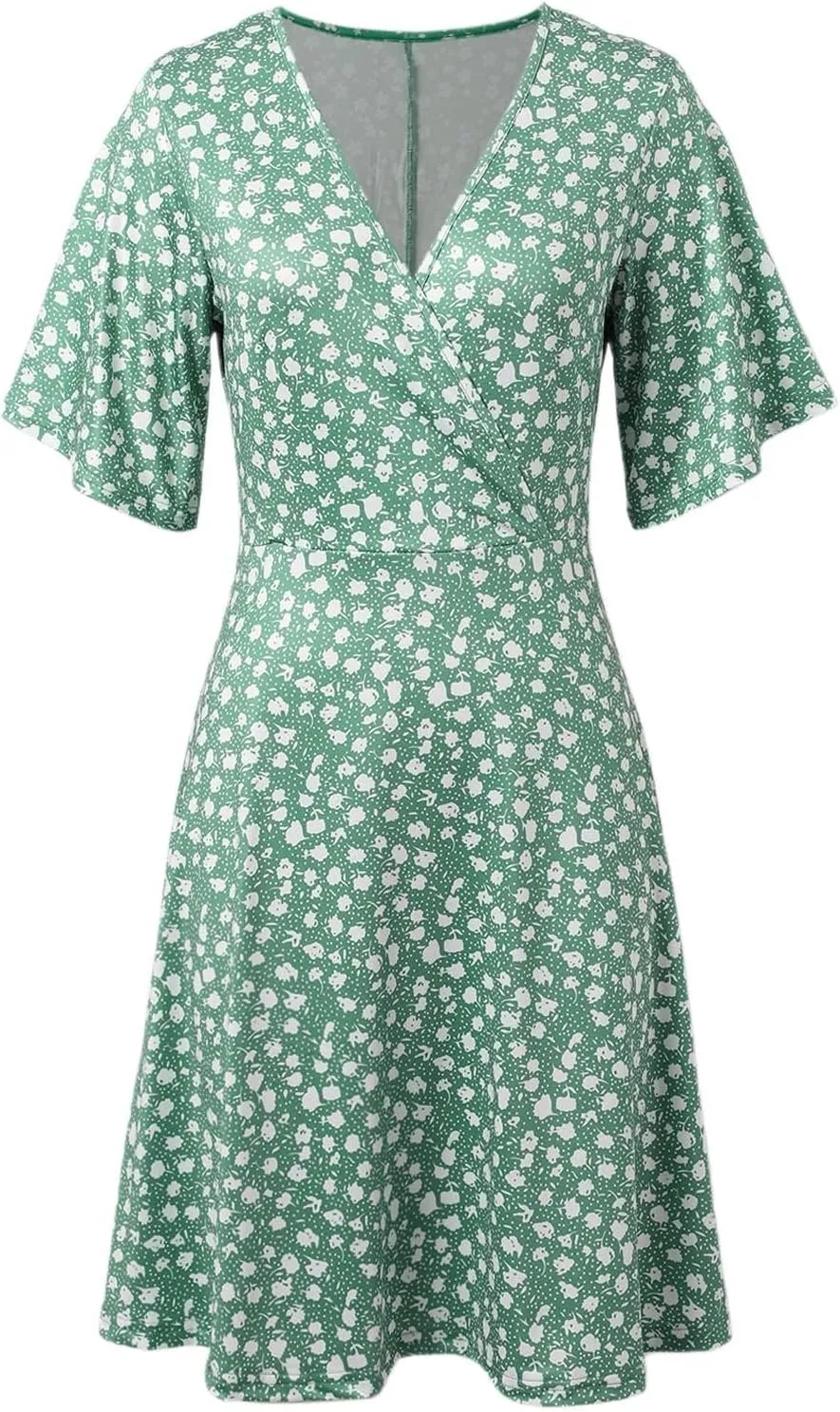 Summer Dresses for Women 2025 Wrap V Neck Floral Short Sleeve Sundress Casual Loose Knee Length A Line Vacation Midi Dress