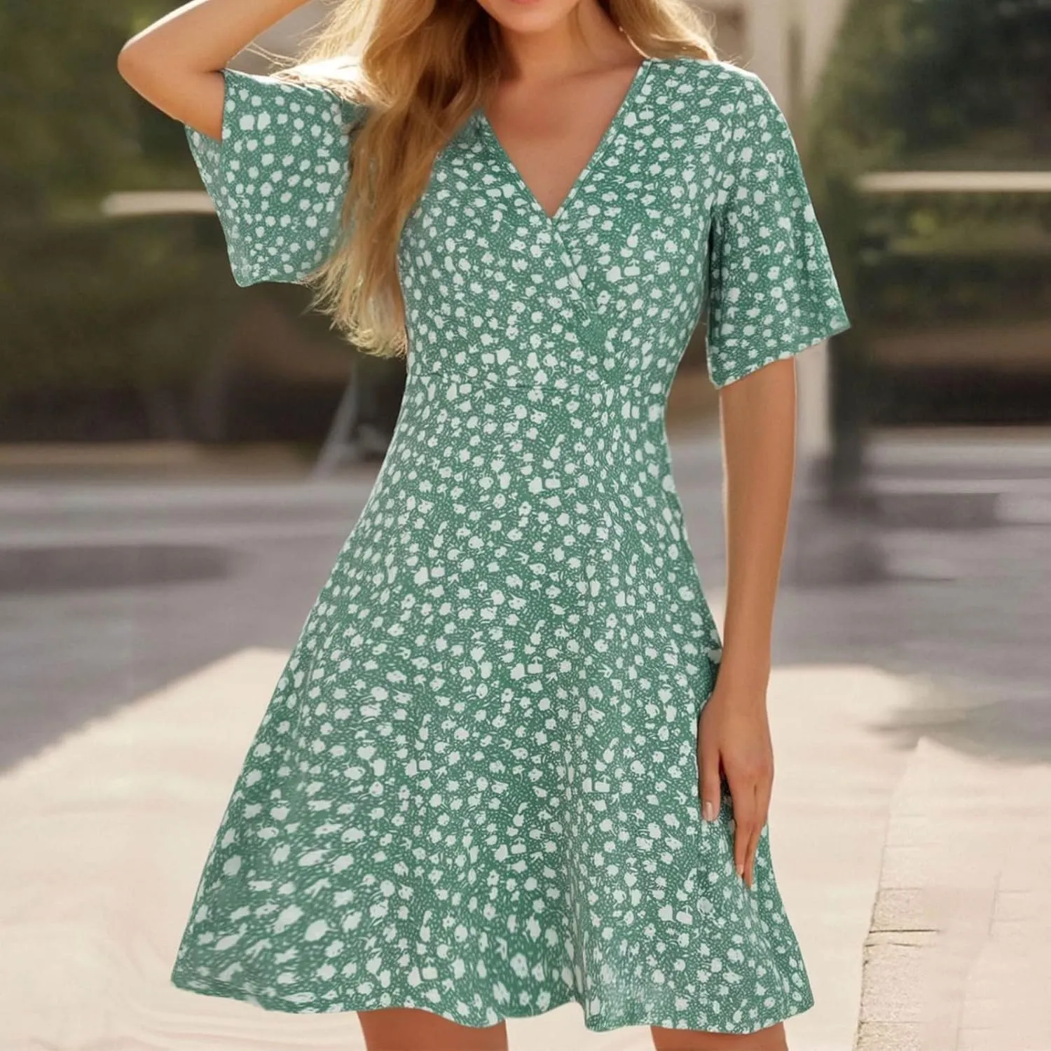 Summer Dresses for Women 2025 Wrap V Neck Floral Short Sleeve Sundress Casual Loose Knee Length A Line Vacation Midi Dress
