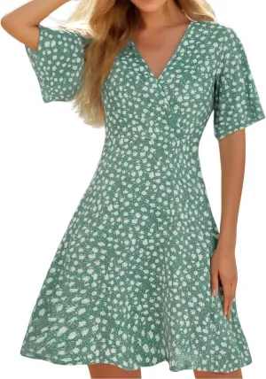 Summer Dresses for Women 2025 Wrap V Neck Floral Short Sleeve Sundress Casual Loose Knee Length A Line Vacation Midi Dress