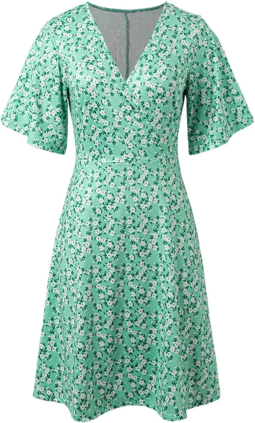 Summer Dresses for Women 2025 Wrap V Neck Floral Short Sleeve Sundress Casual Loose Knee Length A Line Vacation Midi Dress