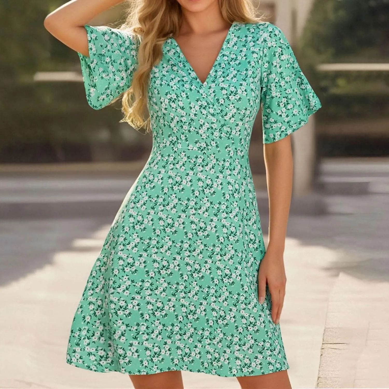 Summer Dresses for Women 2025 Wrap V Neck Floral Short Sleeve Sundress Casual Loose Knee Length A Line Vacation Midi Dress