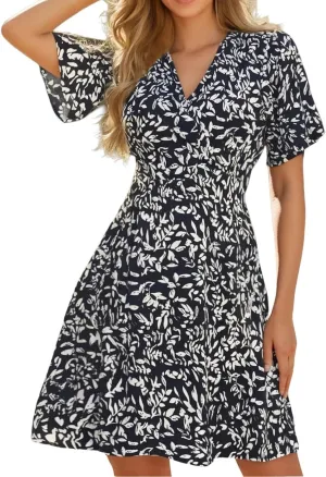 Summer Dresses for Women 2025 Wrap V Neck Floral Short Sleeve Sundress Casual Loose Knee Length A Line Vacation Midi Dress